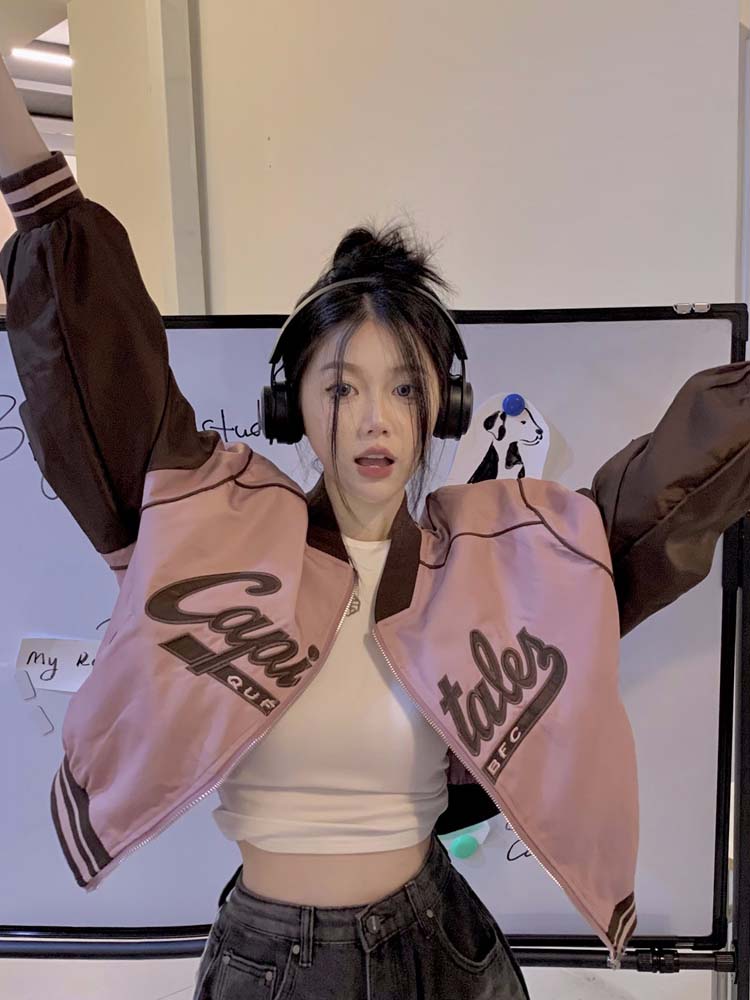 Women Y2K Baseball Jackets Loose Oversized Crop Bomber Coat Ladies Letter Print Sportswear Female Korean Windbreaker Jacket