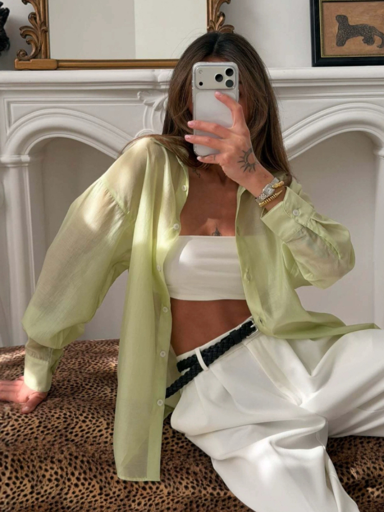 Llinar Semi-transparent Shirt Spring Autumn Women's Loose Shirt Office Lady Solid Color Versatile Top Long Sleeved Lyocell Shirt