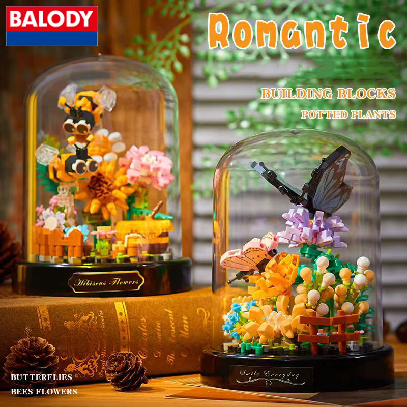 Balody abelha borboleta flor bonsai blocos de construção inseto planta vaso modelo tijolos com capa poeira brinquedo diy para o presente do feriado do miúdo