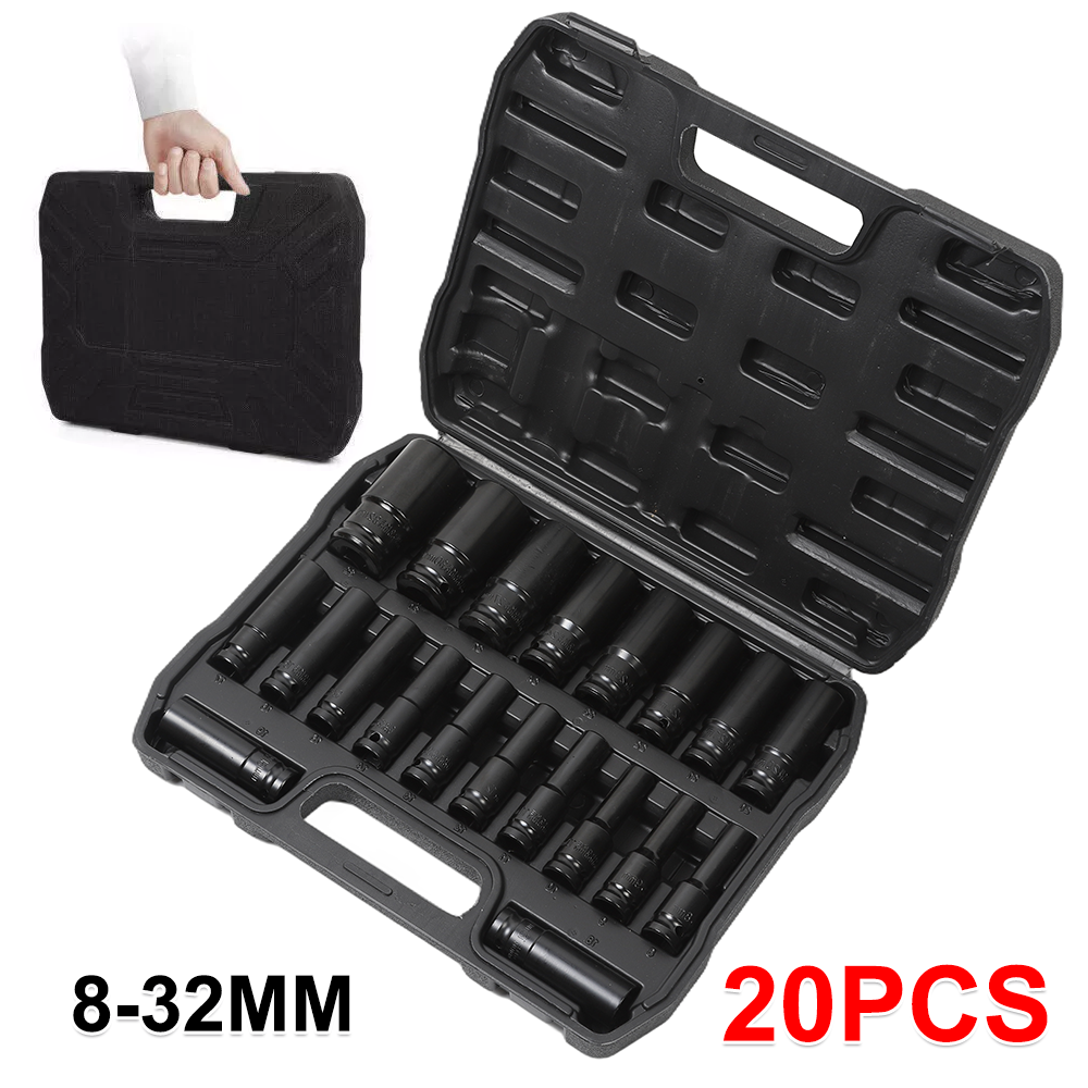 20-teiliges Schlagschrauber-Set, 1/2 Zoll Antrieb, Sechskantschlüssel, tiefe Steckschlüssel, 8–32 mm, pneumatischer Schraubenschlüssel, Werkzeuge zum Entfernen von Reifen
