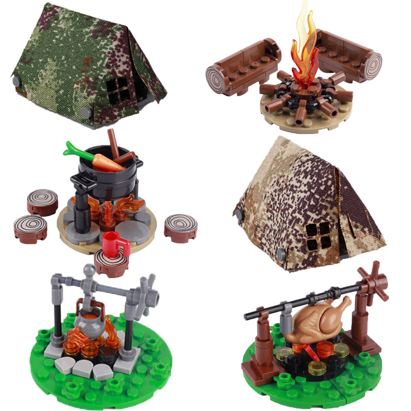 Moc militar medieval blocos de construção solider figuras acessórios fogueira tenda frango assado cena acampamento mini tijolos presentes