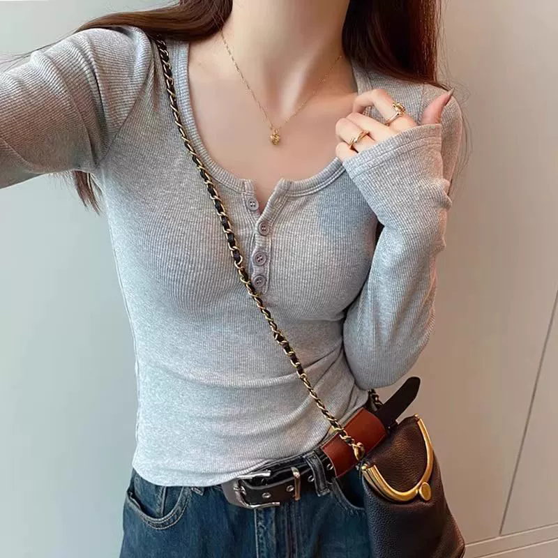 Herfst Winter Knop V-hals T-shirt Dames Basic Slanke Trui Dames T-shirt Truien Gebreide Zachte Warme Tops ﻿