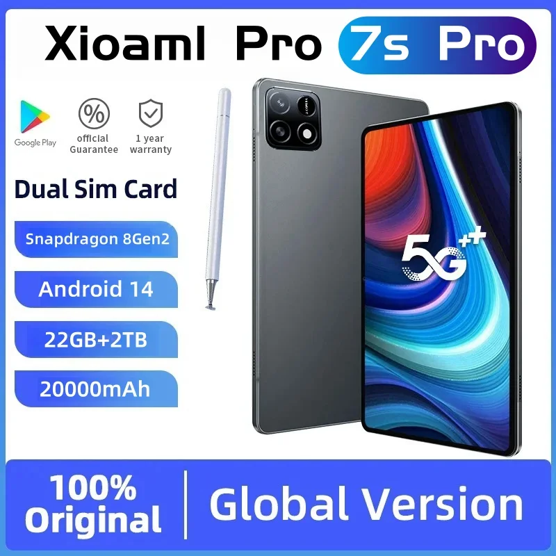 2025 New Original Global Edition Tablet PC Pad 7S Pro Snapdragon 8gen2 Android 14 HD 4K 22GB+2TB 5G Tablet Dual SIM WIFI GPS MI
