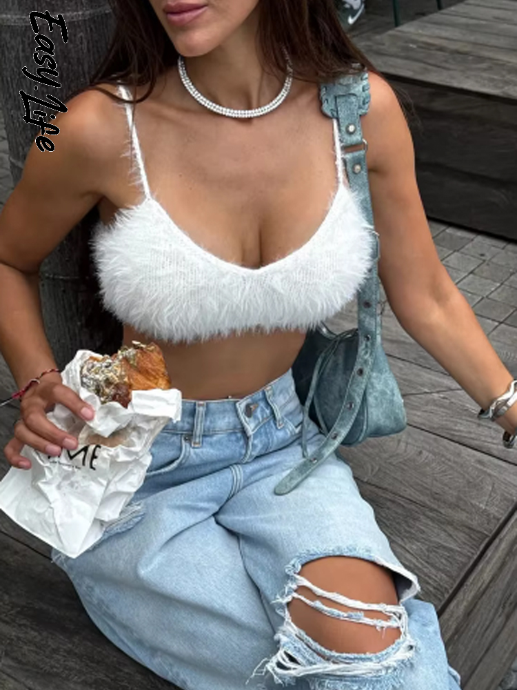 Y2K stijl fuzzy cami crop tops voor dames, sexy effen spaghettibandjes, slim fit mini vestjes, dames strandvakantie dagelijkse casual kleding nieuw