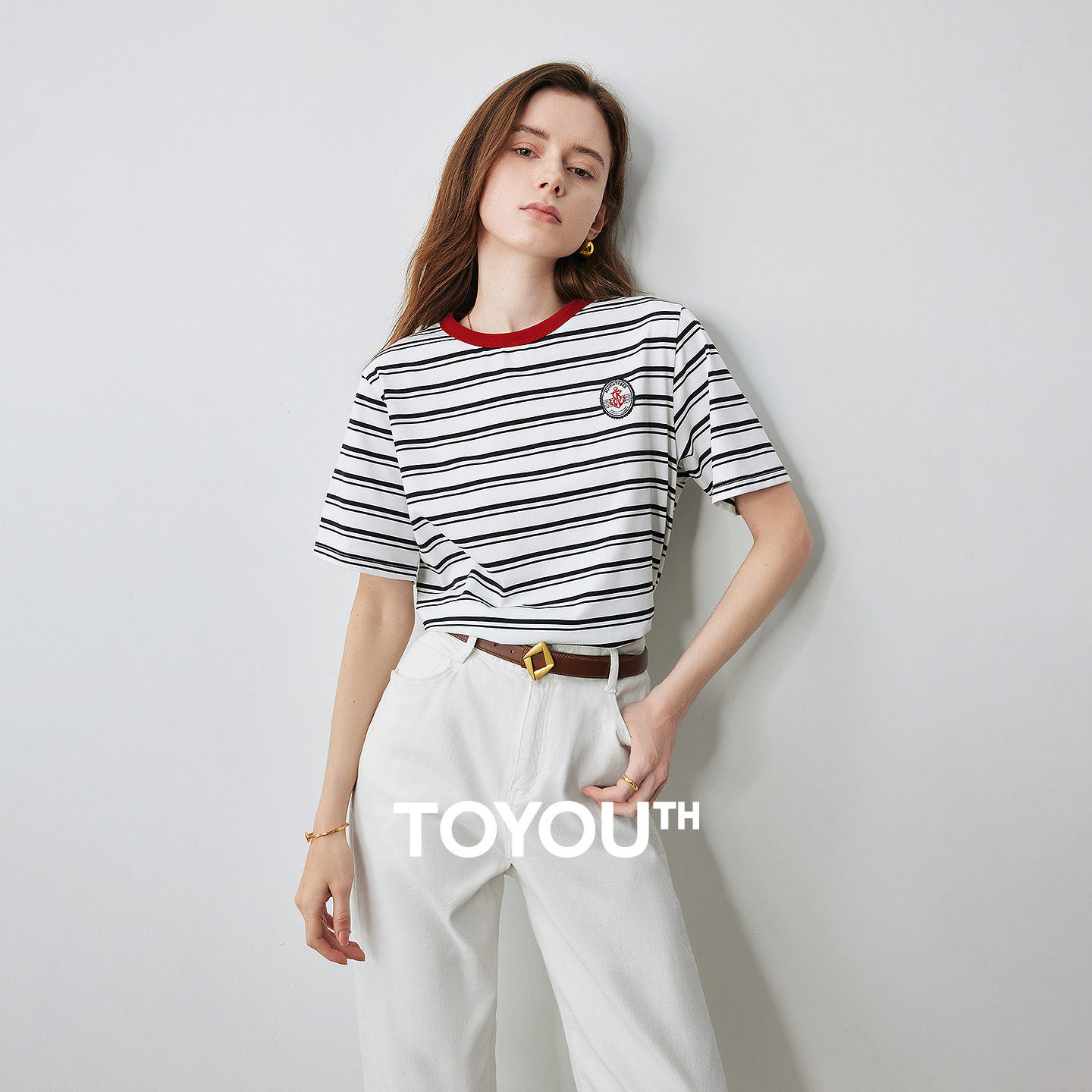 TOYOUTH Damen T-Shirts 2026 Sommer Neu Gestreift Kurzarm Verjüngender College-Stil Rundhals-Tops