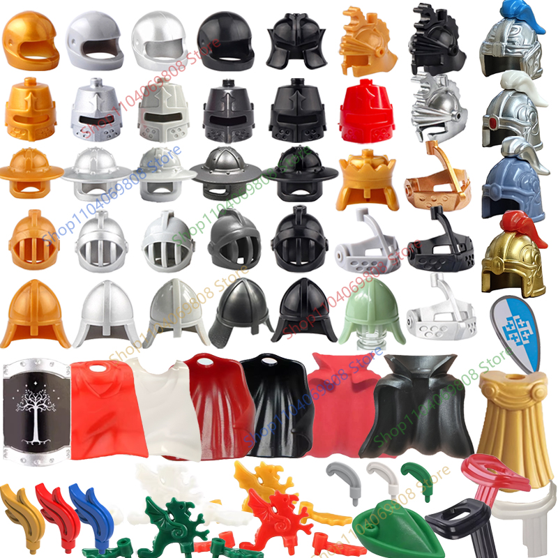 Accessoires de construction MOC : Casque de Chevalier Médiéval, Casque de Soldat Romain, Plume de Flamme, Bouclier d'Aigle Noir, Cape de Roi, Jouet en Briques