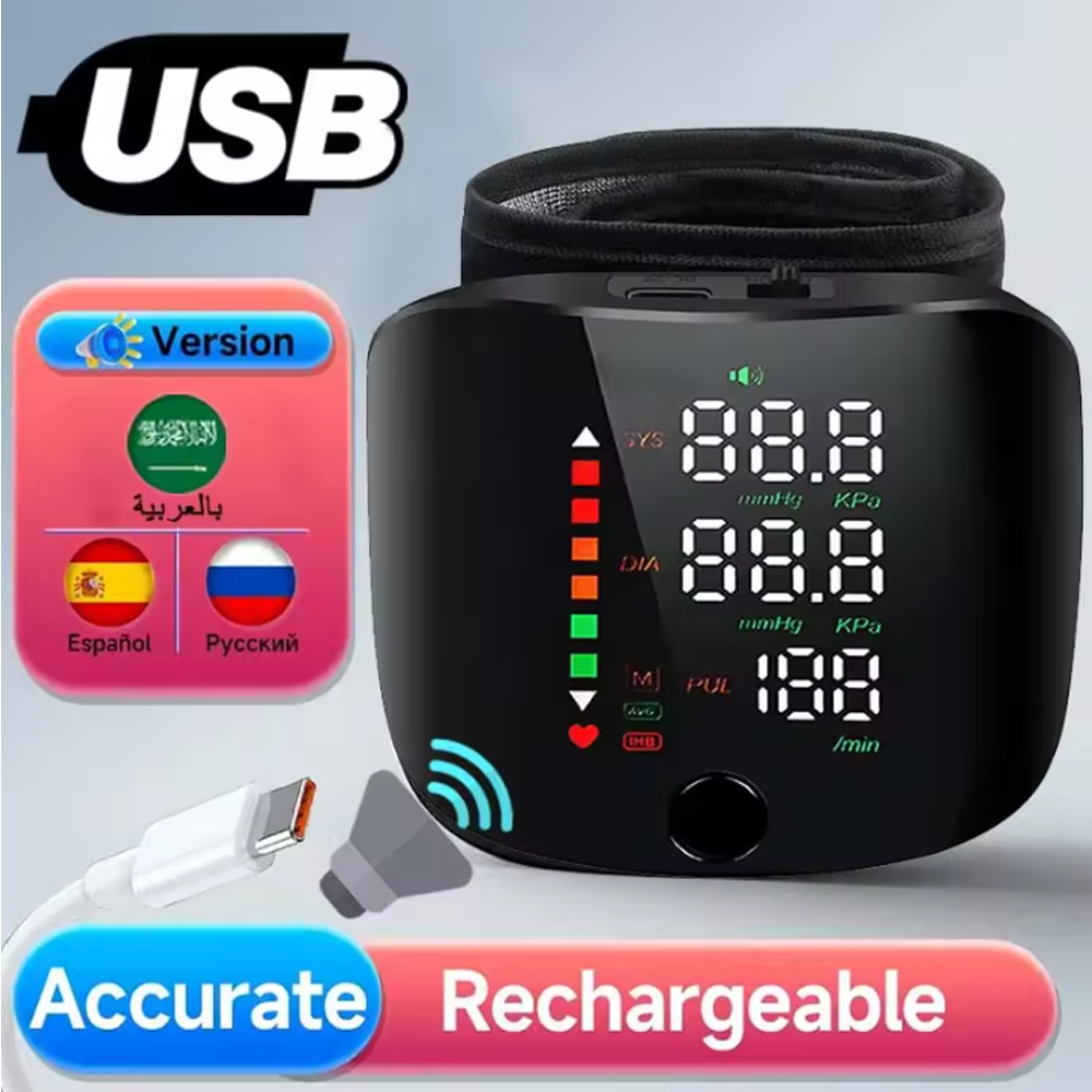 Nouveau écran tactile LED moniteur de pression artérielle au poignet Rechargeable russe/arabe/espagnol diffusion vocale tonomètre BP moniteur impulsion