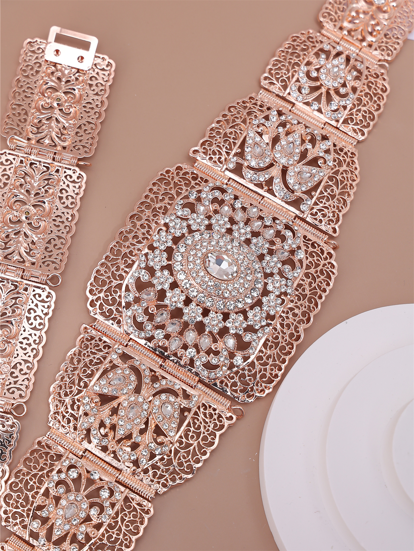 Gold Alloy Belt with Full Rhinestone Design Wide Oversized Elegant Moroccan Wedding Banquet Festival Belt