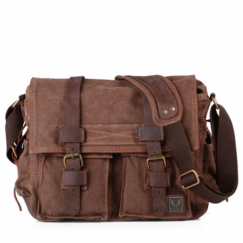 Bolso de lona informal estilo vintage europeo y americano con cuero Crazy Horse, bolso bandolera para hombre y mujer, bolso de hombro informal
