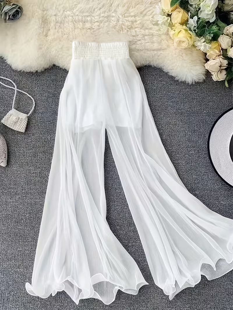 Celana panjang sifon warna polos musim panas untuk wanita, pinggang tinggi, pinggang elastis, jatuh dan melangsingkan, celana kasual
