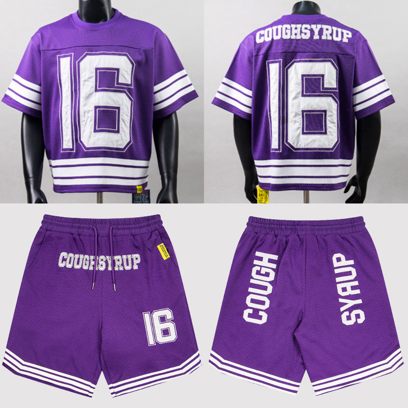 American Trend THAT'S A AWFUL LOT OF COUGH SYRUP Lässige Shorts, lockerer, atmungsaktiver Sportanzug, Stickerei, Netzstoff, kurze Ärmel