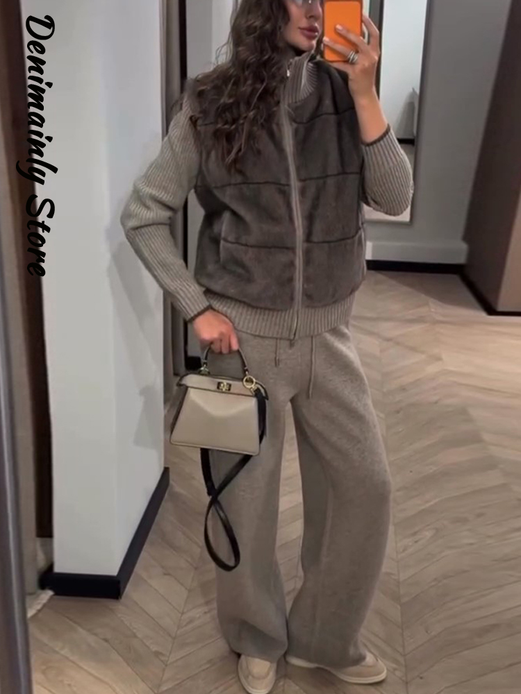 Casaco Elegante de Malha com Patches de Pelo Sintético para Mulheres, Gola Alta, Zíper, Manga Longa, Jaquetas Grossas, Moda de Inverno 2025, Novo para Primavera 2026