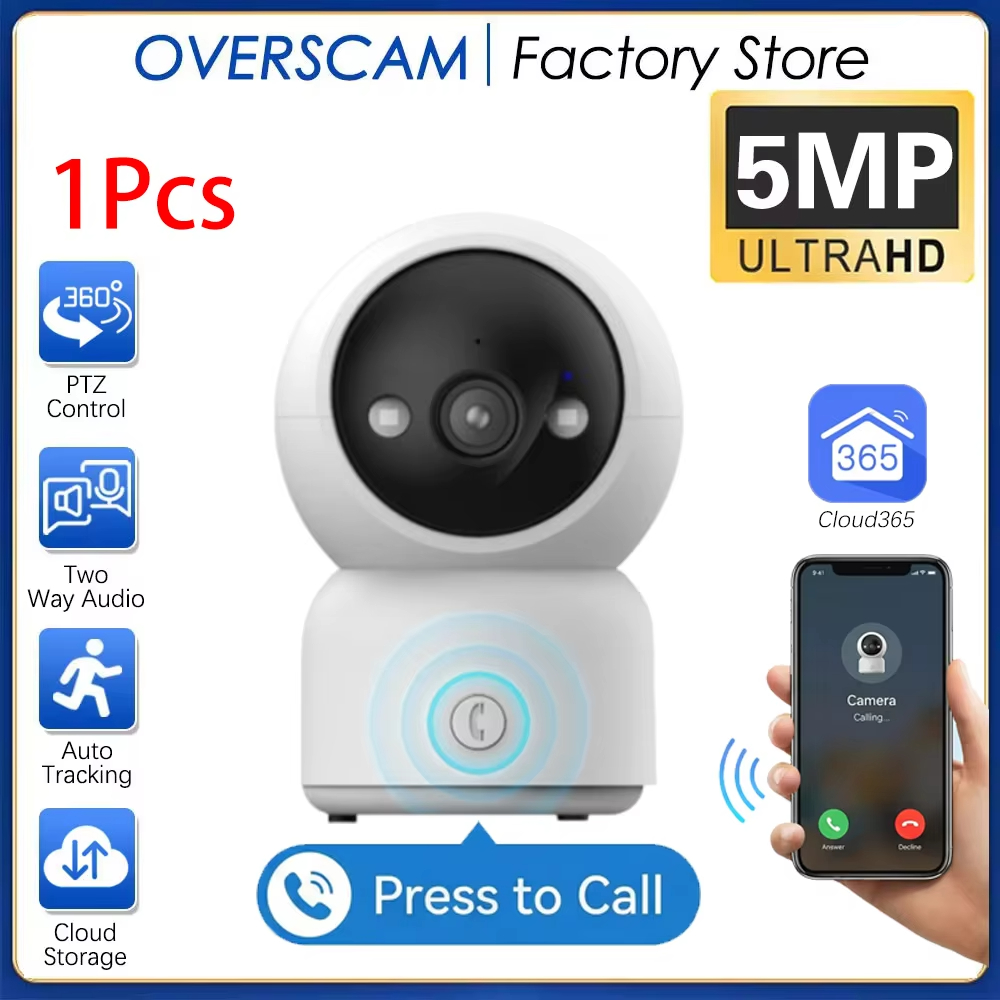 Mini Cámara IP WIFI de 5MP con Aplicación Cloud365, Llamada con un Clic, Monitor para Mascotas y Bebés, Vigilancia con Seguimiento Automático de 360° °   Audio bidireccional con giro e inclinación