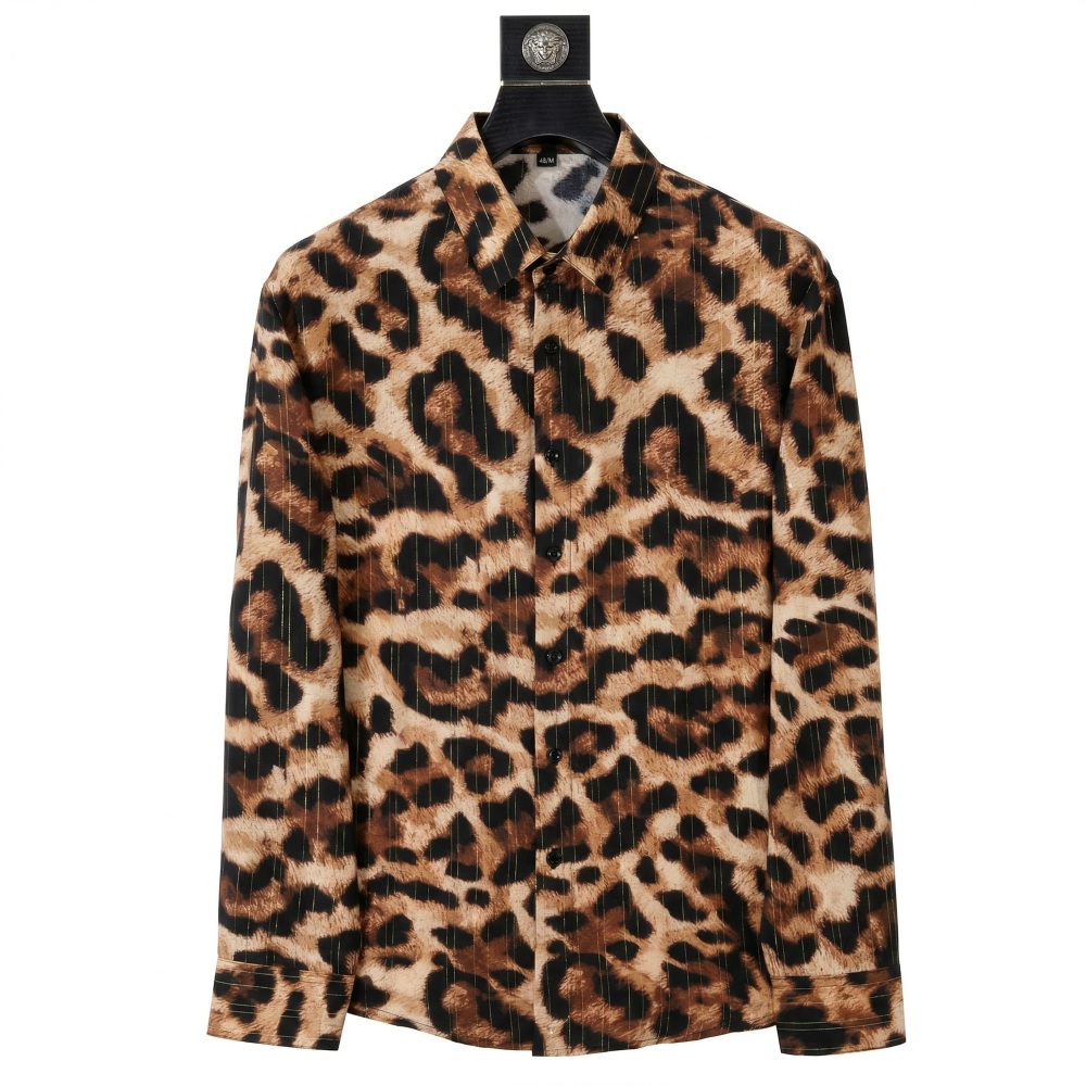 Camisa de Manga Longa de Seda Gelada com Estampa de Leopardo Luxuosa para Homens, Camisa Casual Solta e Fresca para o Verão, Camisas Havaianas para Férias Sociais