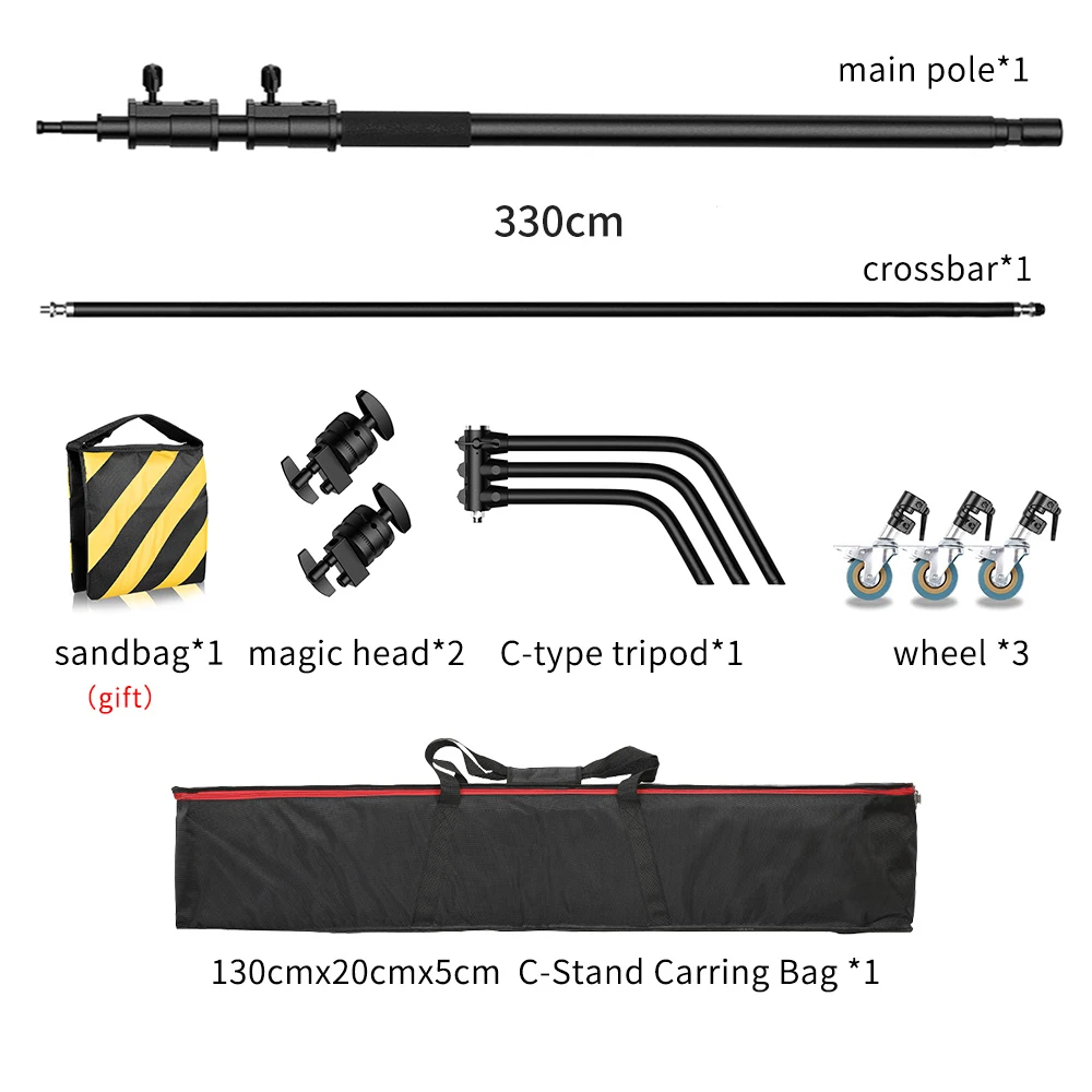 SH 2.6M/3.3M Zwart Roestvrij Staal Eeuw Opvouwbare Light Stand Statief Magische Been Fotografie C-Stand voor Spot Light, Softbox