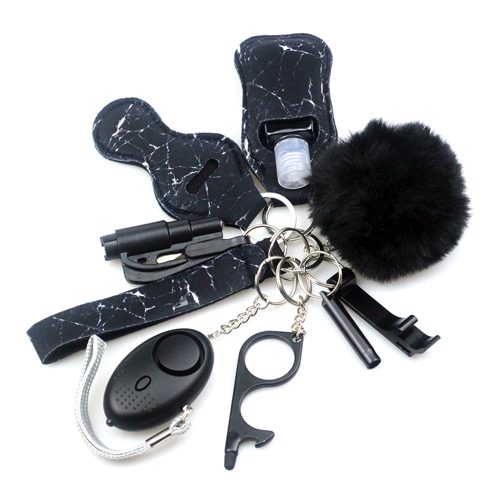 Lot de 10-12 porte-clés de sécurité pour filles, porte-clés d'autodéfense pour femmes, ouvre-bouteille, pompon en fourrure, bracelet, attrape-cartes