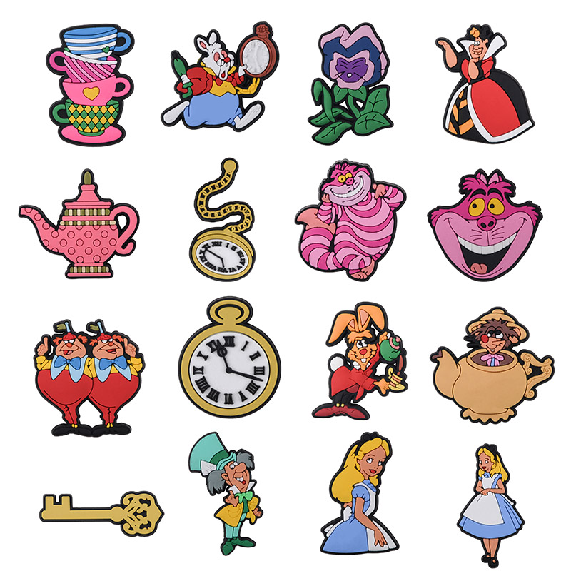 16 pezzi di ciondoli per scarpe Disney, le avventure di Alice nel Paese delle Meraviglie, accessori per scarpe in PVC, fibbie per sandali da giardino, ciondoli per braccialetti, regali