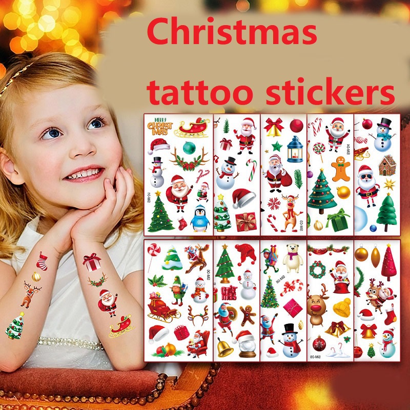 10 Uds. Nuevas pegatinas de tatuajes navideños para niños, tatuajes temporales para niños, Mini transferencia, tatuajes adhesivos impermeables ZS250