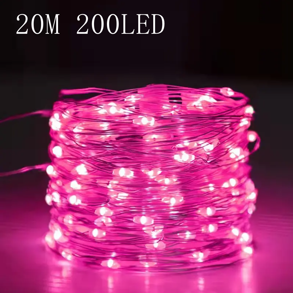 20m 200LED Fairy Light Zasilany bateryjnie, różowy drut miedziany Starry Sky Light, odpowiedni do sypialni, bożego narodzenia, dekoracji świątecznych