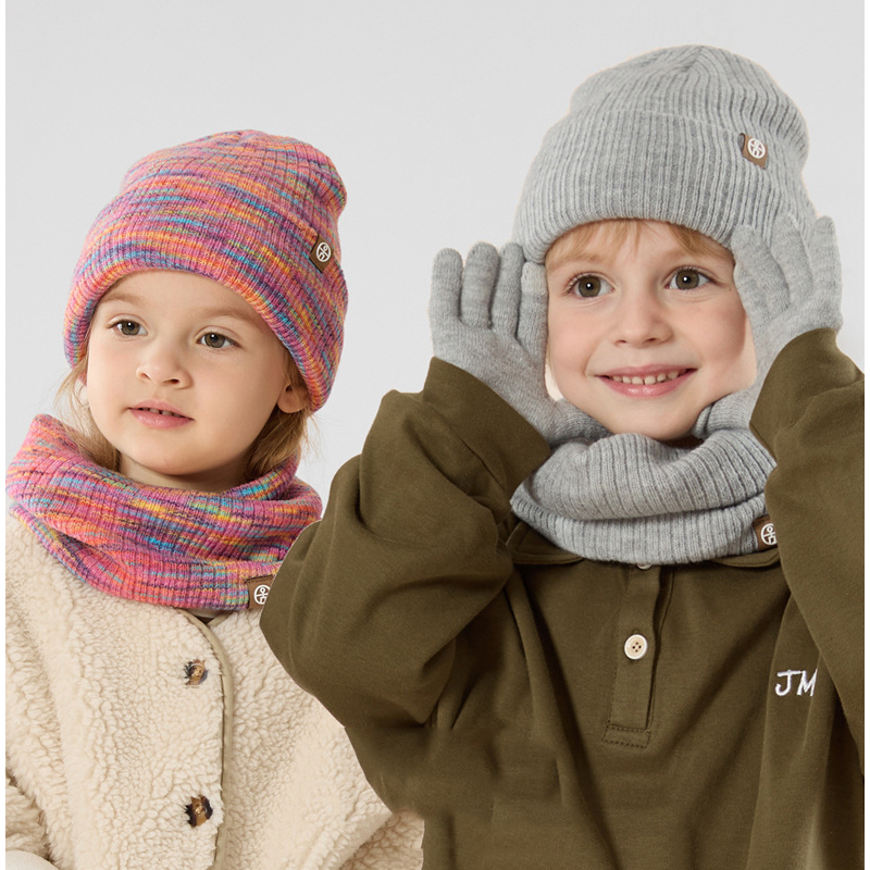 3pcs Winter Set for Children Knit Striped Beanies Kids Scarf Double Layer Plush Lining Winter Hat Snood Gloves Set for Girl Boy