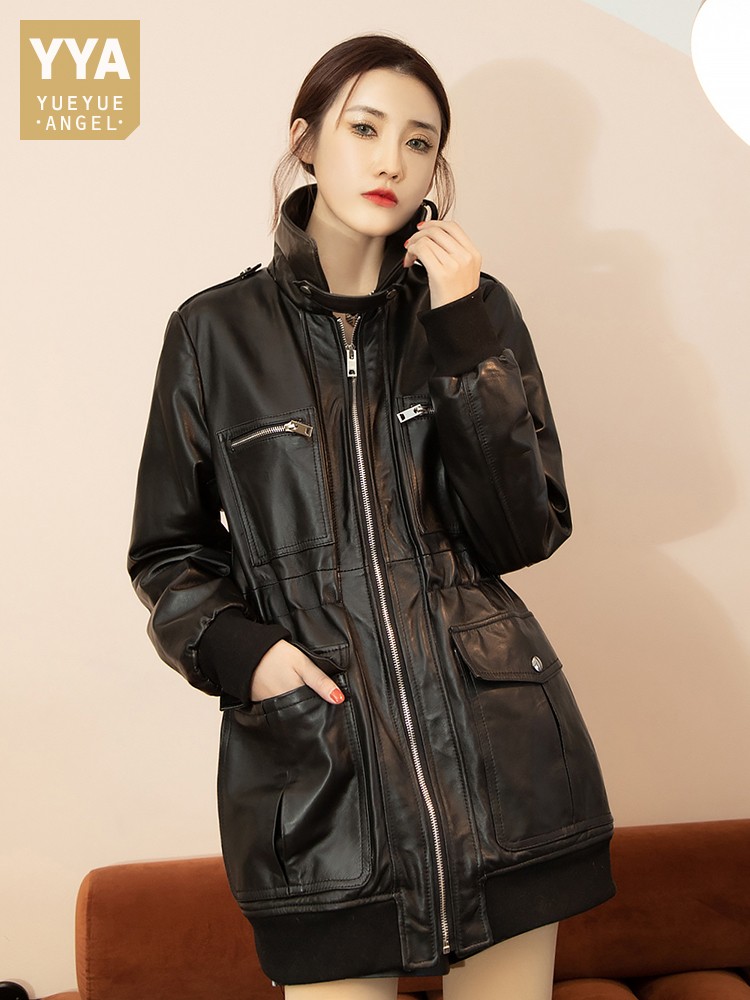 Chaqueta Bomber de piel auténtica para mujer, abrigo medio largo con múltiples bolsillos, cortavientos para motociclista, abrigo de piel de oveja Real, novedad de otoño