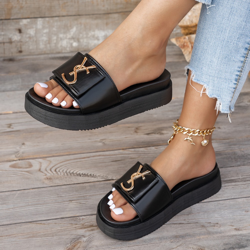 Luxuriöse Damen-Plateau-Slipper mit modischem Schriftzug – Rutschfeste Freizeit-Sandalen für draußen