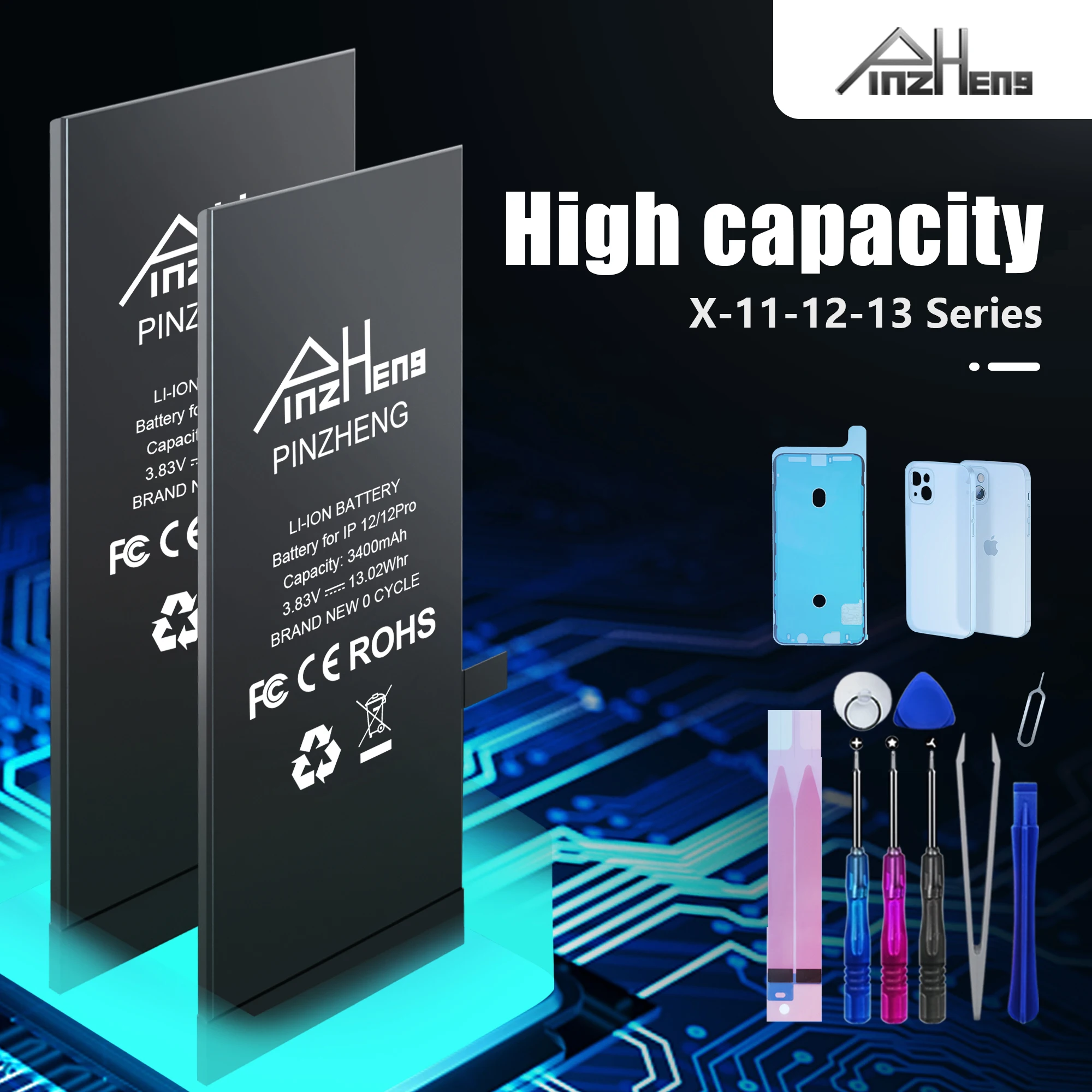 PINZHENG リアル高容量バッテリー iPhone X XR XS 11 12 13 ミニプロマックス Promax 交換 Bateria 保証 1 年