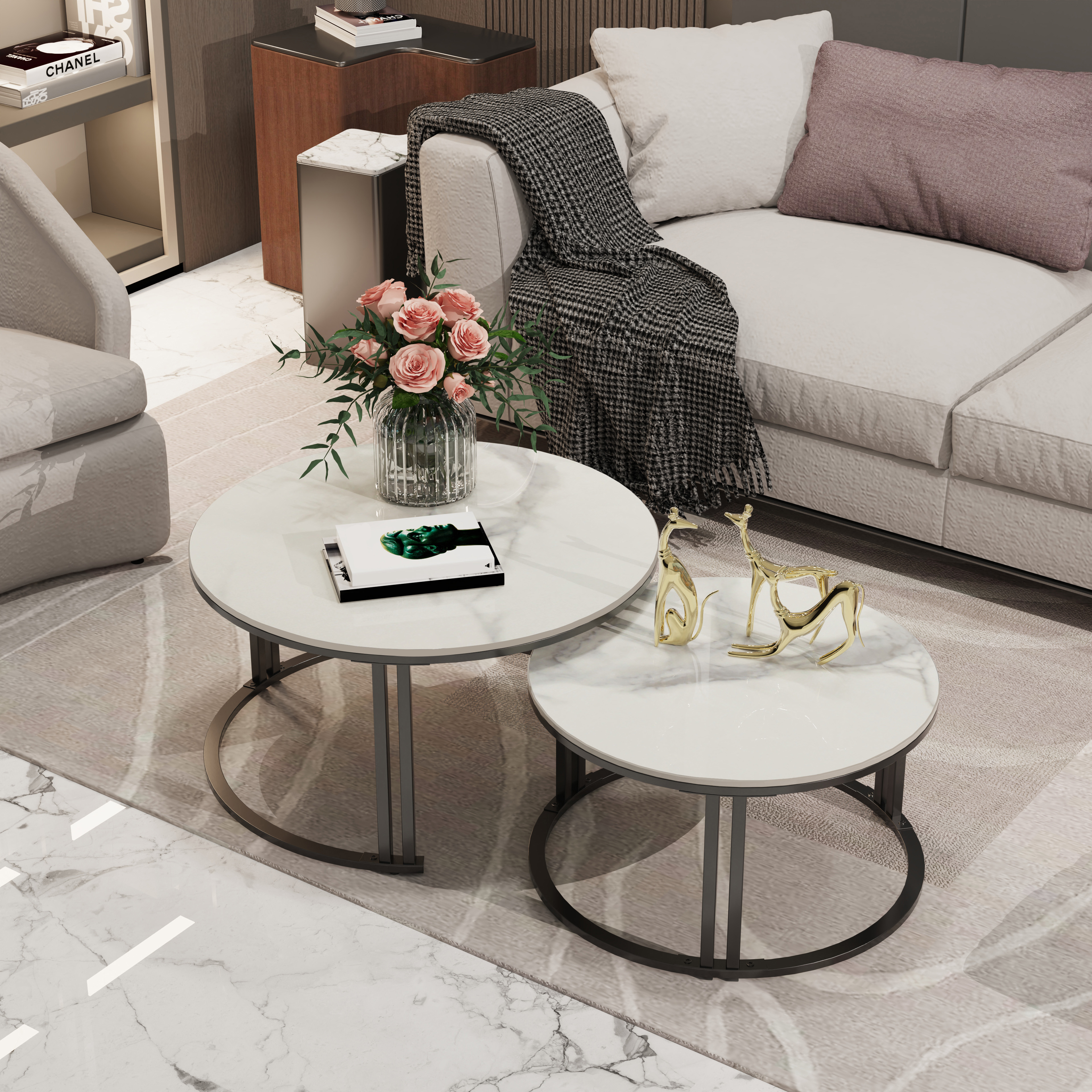 Table basse gigogne, ensemble de 2 tables d'appoint, plateau en marbre blanc et gris, cadre à double support, bureau latéral empilable