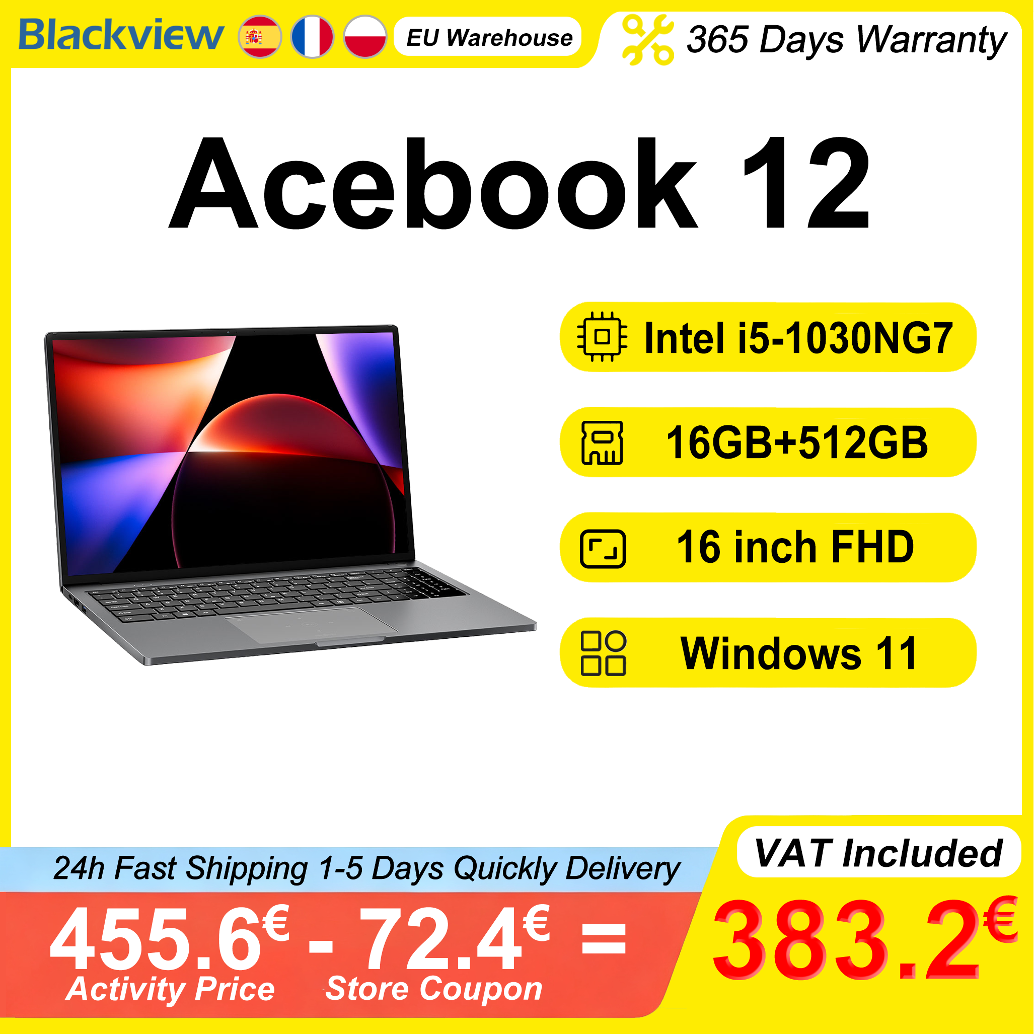 Laptop Blackview AceBook 12 16'' FHD IPS Intel I5-1030NG7 16GB RAM 512GB SSD 2-w-1 Czytnik linii papilarnych Przycisk zasilania Windows 11