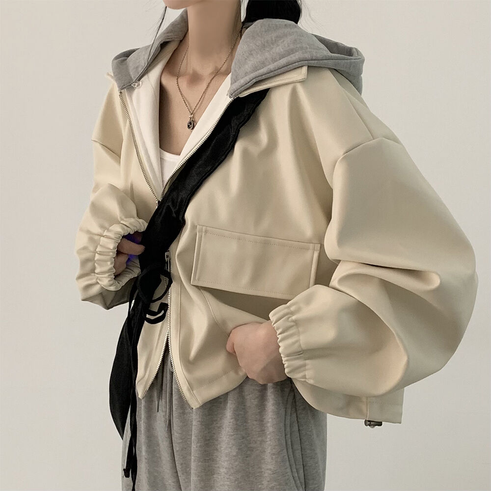 Jaqueta de Couro Retro com Zíper e ande Bolso, Moda Casual Fena, Manga Longa, Outros Materiais