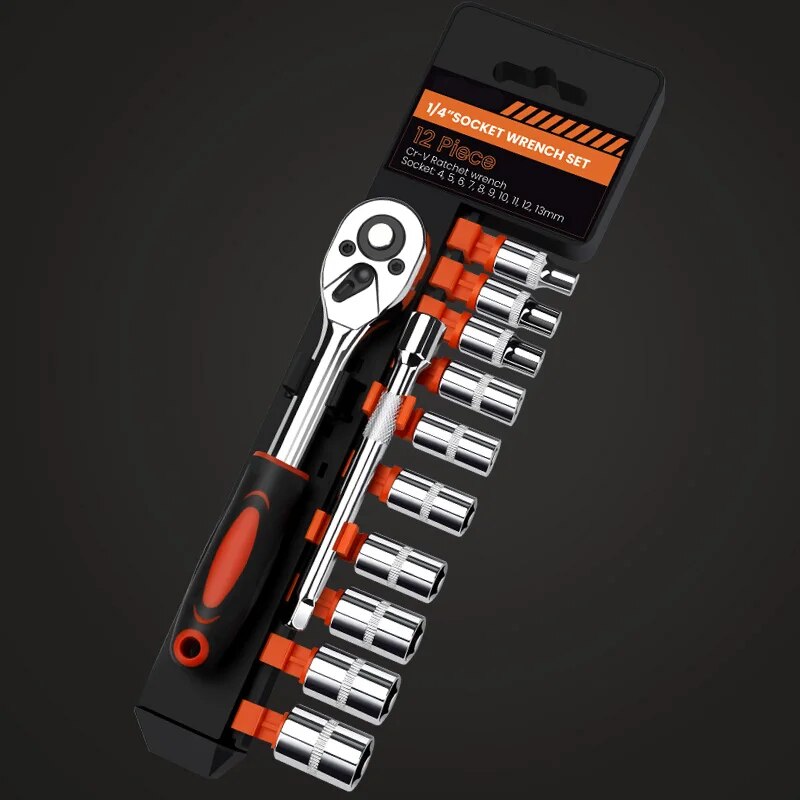 Llave de tubo, juego de herramientas multifuncionales de 12 piezas, juego de mantenimiento rápido de trinquete para automóvil, combinación de llave rápida de trinquete
