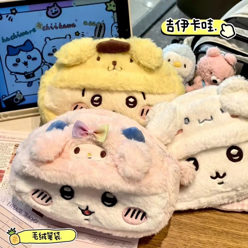 Chiikawa Anime Plüsch-Federmäppchen Cartoon Usagi Hachiware Großes Flauschiges Niedliches Schreibwaren-Etui Büro-Aufbewahrung Geburtstagsgeschenke