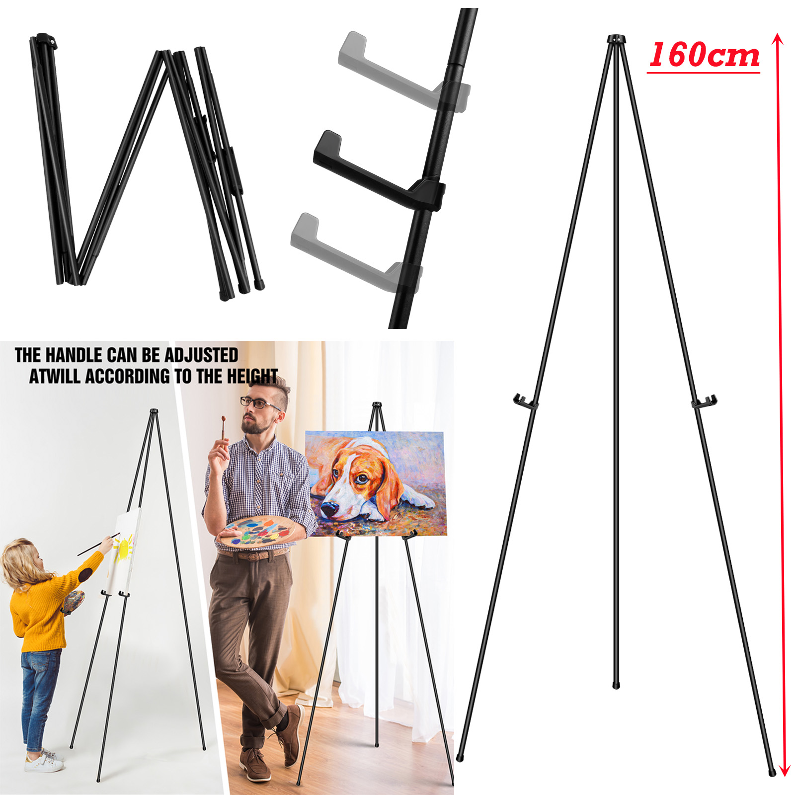 DayPlus Cavalletto portatile per esposizione di pittura di nozze Cavalletto treppiede pieghevole regolabile per artista in metallo con borsa 160 cm/63 pollici