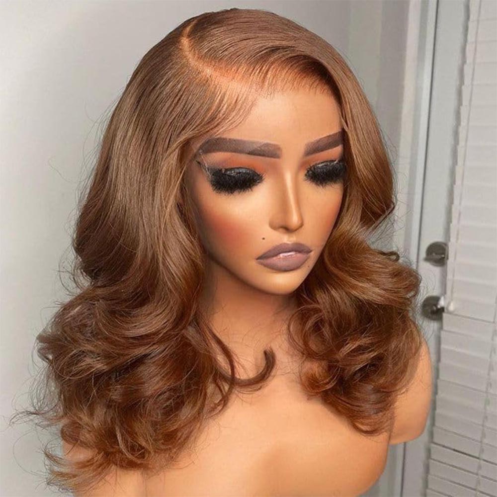 # Perruque courte ondulée marron chocolat 4, en cheveux humains, sans colle, avec dentelle frontale HD 13x4, pour femmes, 100% cheveux vierges, pré-épilée