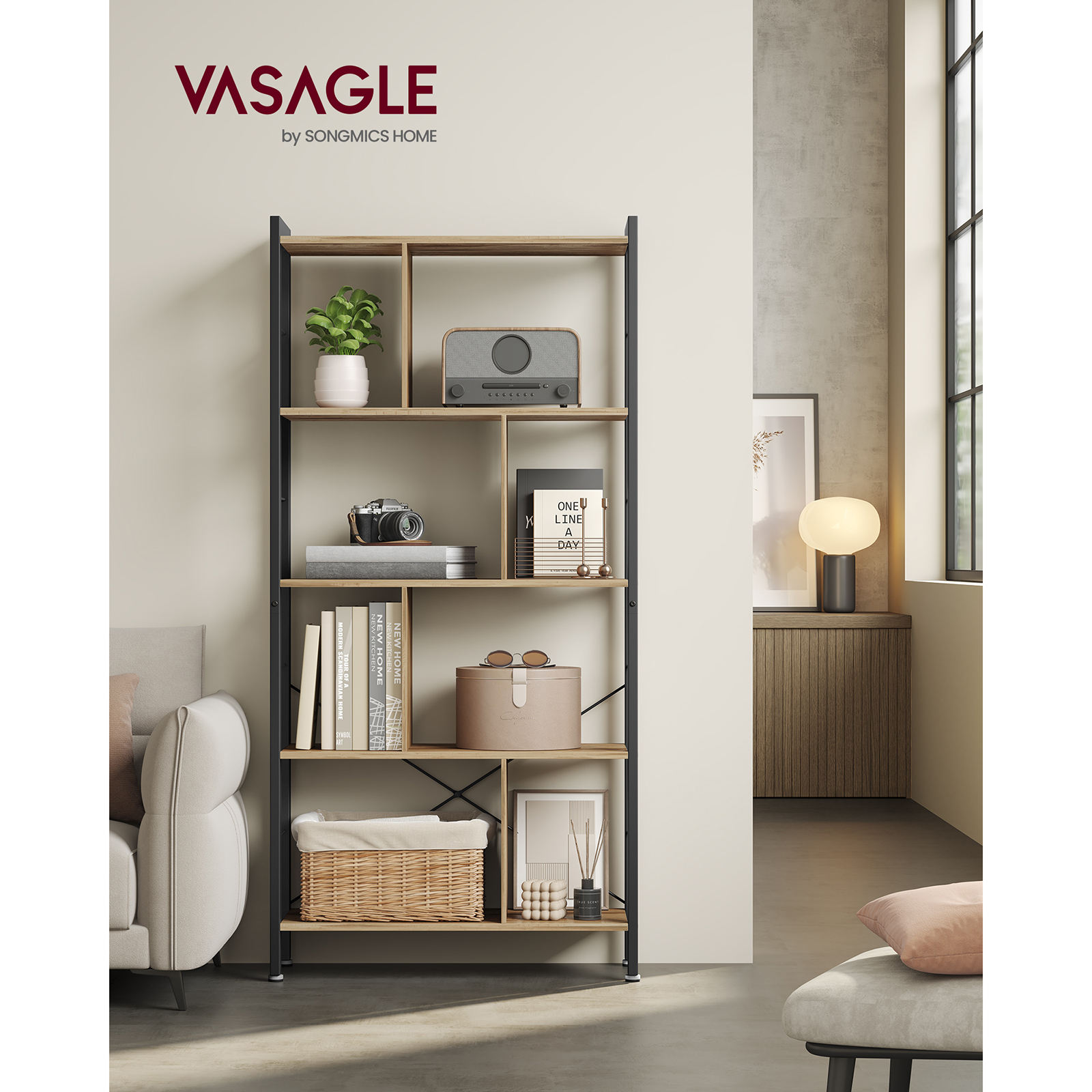 Vasagle Boekenplank, Grote 5-laags Boekenkast, Vloerstaande Opslagplank, Staal, Voor Woonkamer, Studeerkamer, Thuiskantoor