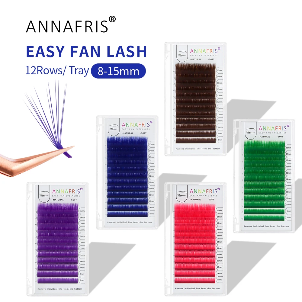 ANNAFRIS Color fácil ventilador volumen extensión de pestañas rosa/verde/marrón/azul/púrpura Auto floración imitación visón injerto Cilios para maquillaje
