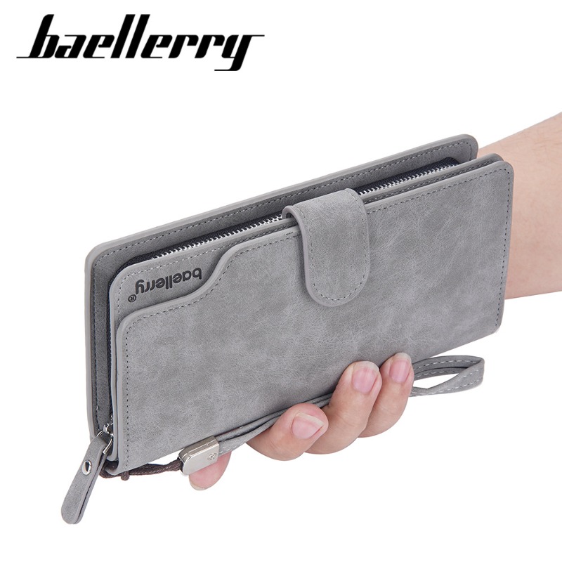 Portfel męski Baellerry Retro Long Wallet, biznesowy, z miękkiej skóry PU, z zamkiem błyskawicznym, etui na karty, wielokomorowy, z przegródką na telefon.