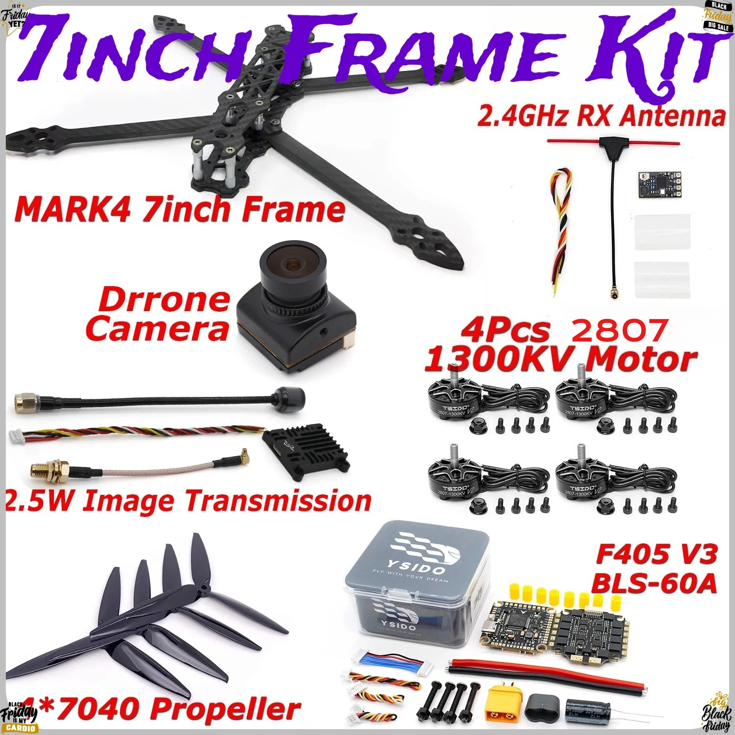 RC FPV Drone 295mm 7 inch Frame Kit 2807 1300KV Motor FC F405 V3 4in1 60A ESC Stack B19 Camera 2.5W VTX 2.4G ExpressLRS Ontvanger