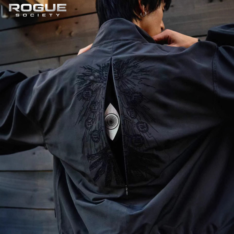 Chaqueta Casual Oversize con Detalles Decorativos, Chaqueta Bordada con Patrón Negro de Moda, Estilo Urbano Y2K para Hombre y Mujer, Corte Holgado