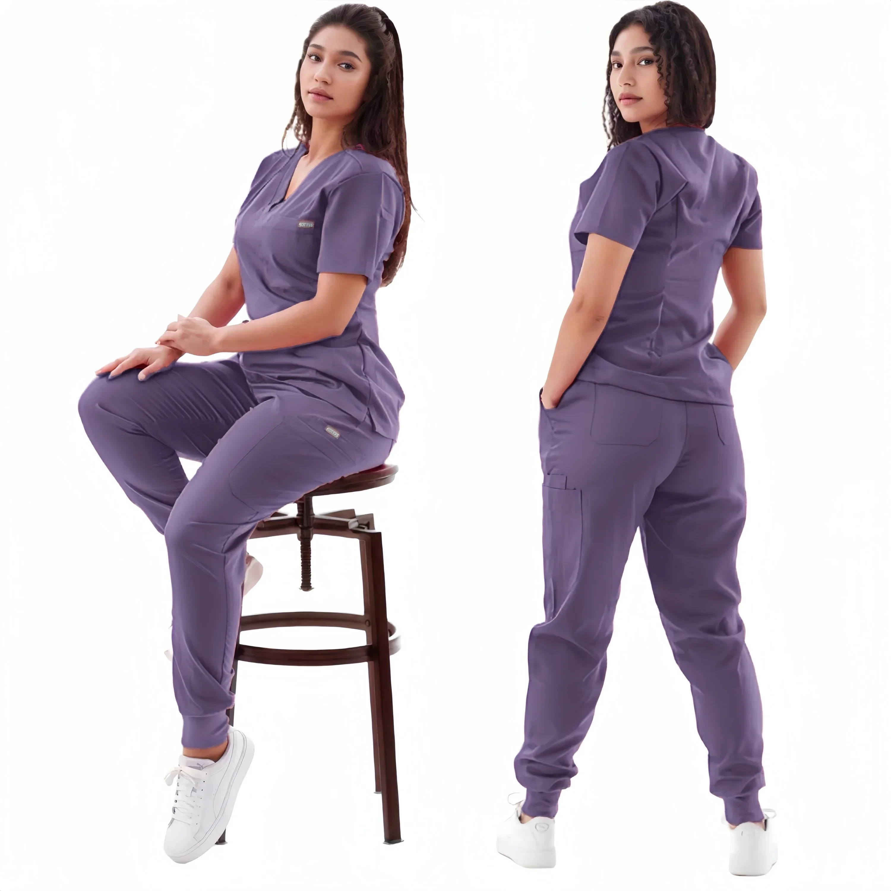 マルチカラージョガースーツナーススクラブセット医療臨床服ドクター看護制服半袖 V ネックトップスポケットパンツ