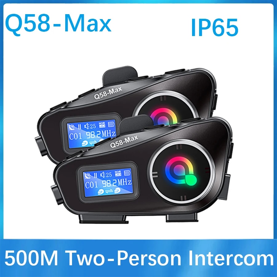 Q58-MAX Motocyklowy Zestaw Słuchawkowy Bluetooth Interkom Oświetlenie LED Podwójny Zasięg 500M Wodoodporność IP65 Stereo Radio FM Interfon