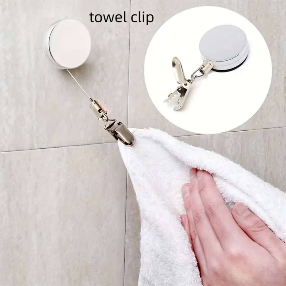 Toallero retráctil automático, toallero autoadhesivo para colgar en la pared sin perforación, rebote automático con clip fuerte