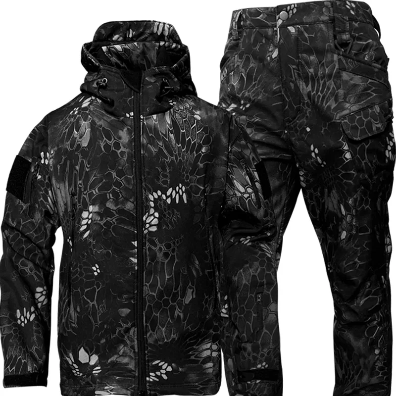 Ropa de invierno para hombre, conjunto táctico de terciopelo de lana cálido, resistente al viento e impermeable, montañismo, esquí, caza, pesca