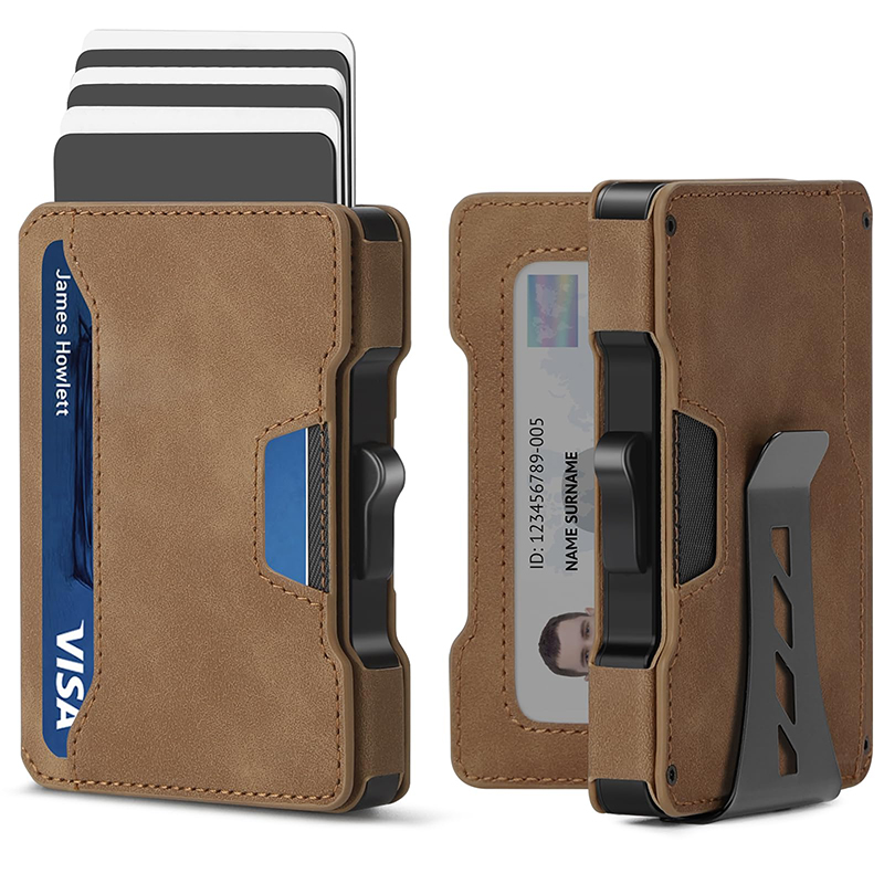 Aluminiowe etui na karty z wysuwanym mechanizmem i skórzane przegródki na karty kredytowe, portfel blokujący RFID dla mężczyzn z pudełkiem prezentowym.