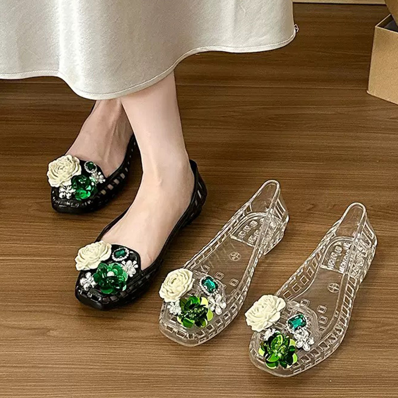 Luxuriöse Große Strass-Blumen Pailletten Jelly-Schuhe Damen Sommer Koreanische Kristall Transparente Clogs Ausgehöhlte Flache Damensandalen