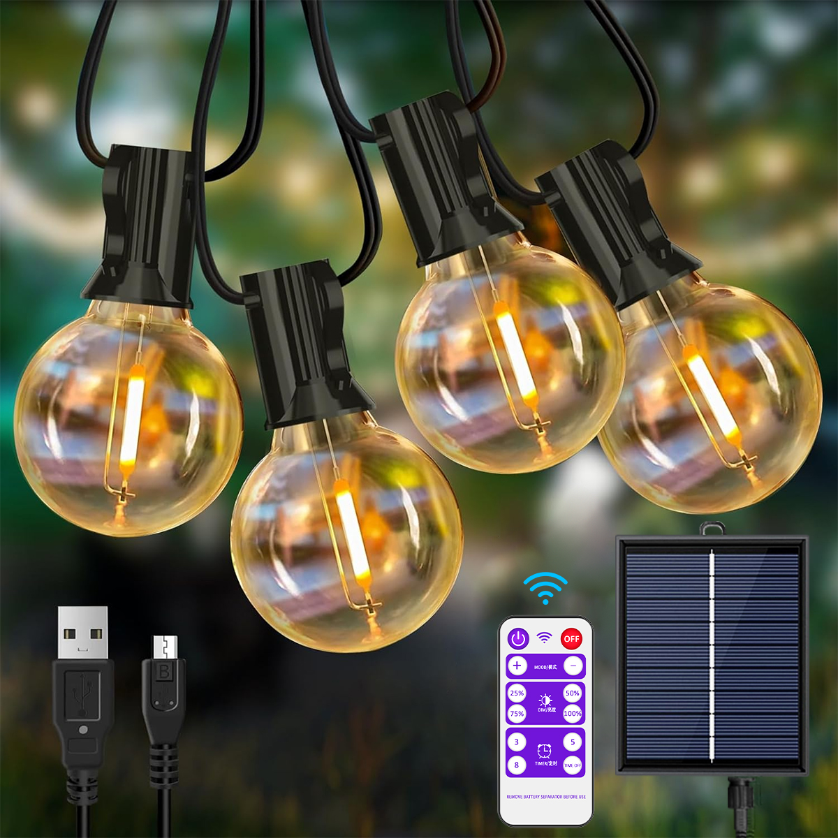 Guirlandes lumineuses solaires extérieures, guirlandes extérieures LED à énergie USB et solaire avec ampoules incassables IP44 pour lumière féerique de Patio