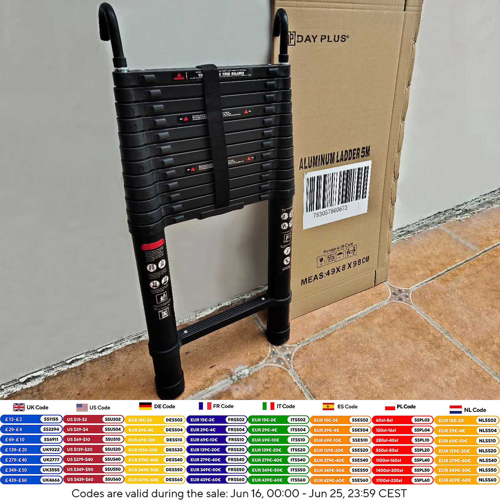 สีดํา 5M Heavy Duty Telescopic บันได 16.4FT บ้านอลูมิเนียมขยายบันไดหลังคาพร้อมตะขอที่ถอดออกได้,ได้รับการรับรอง EN131