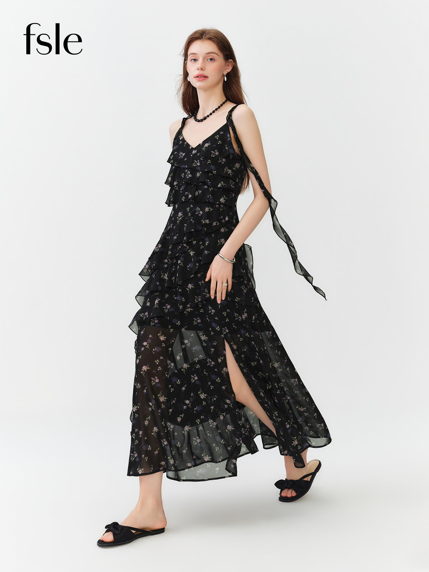FSLE Sommerkleid für Damen mit Blumendruck, Rüschen, gestuft, Maxikleid, verstellbare Spaghettiträger, A-Linie, langes Kleid, kokett, romantischer Stil