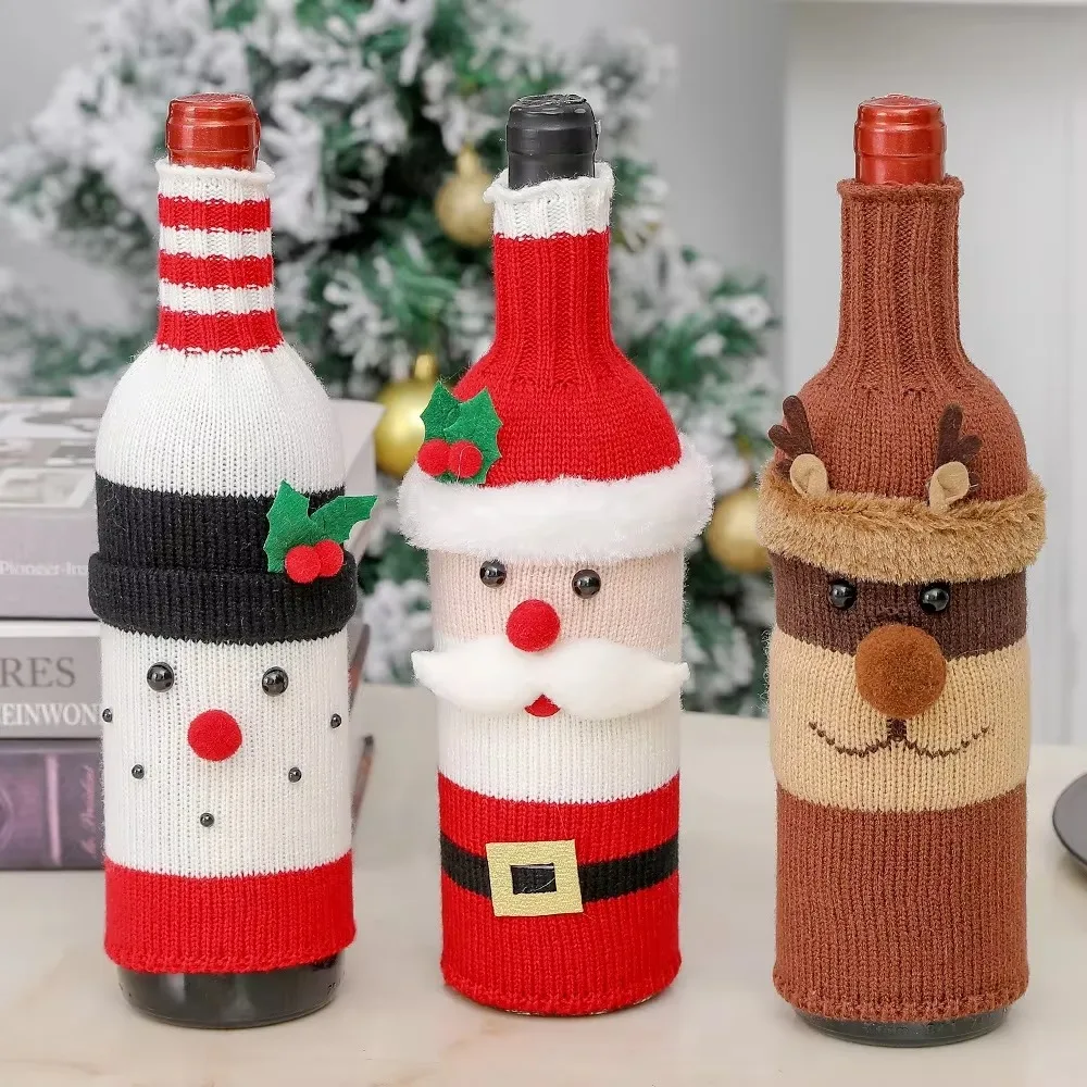 Juego de fundas navideñas para botellas de vino, bolsas tejidas para botellas de vino con muñeco de nieve de Papá Noel, decoraciones para mesa de cena, regalos de Año Nuevo