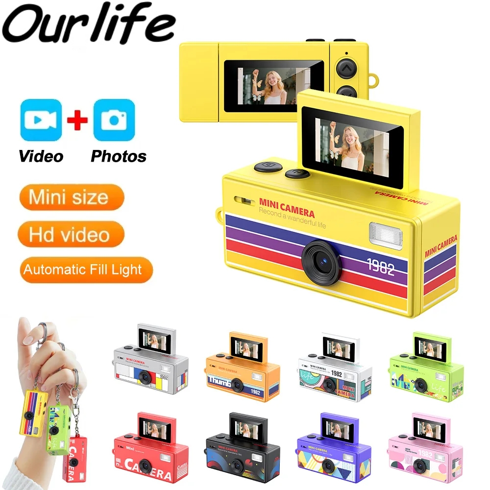Aparat cyfrowy Ourlife 180 °   Kamera w breloczku z odchylanym ekranem do selfie, retro, obsługa kart pamięci, HD, bardzo mała kamera wideo, rejestrator wideo.